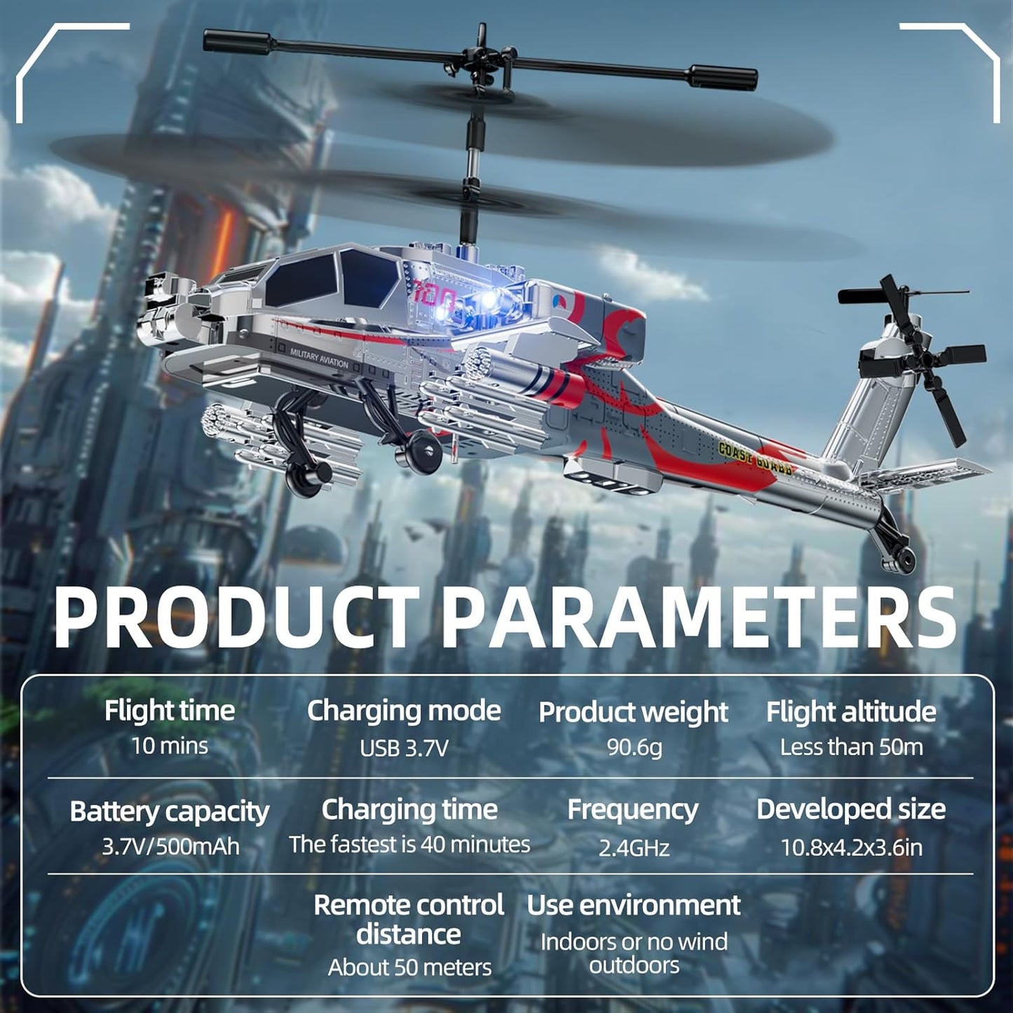 XK1 Apache RC Helicopter Toy for Adults & Kids, 2.4GHz Remote Control Helicopter (Silver)