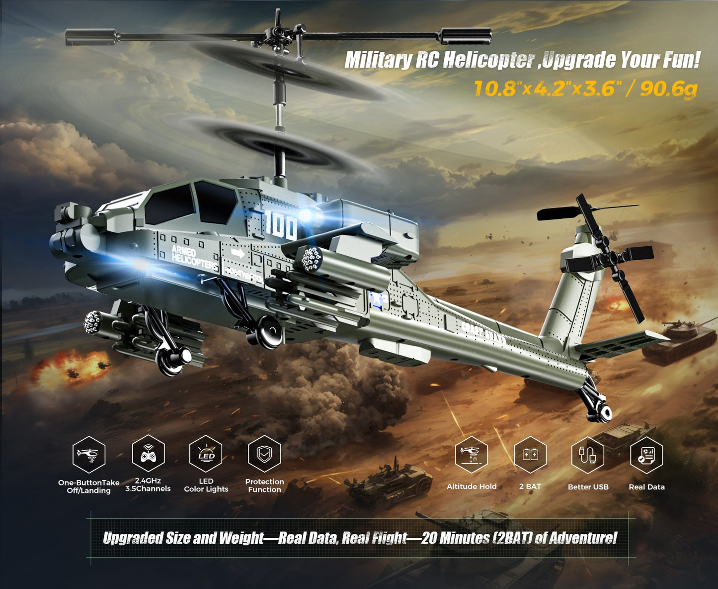 XK1 Apache RC Helicopter Toy for Adults & Kids, 2.4GHz Remote Control Helicopter (Green)