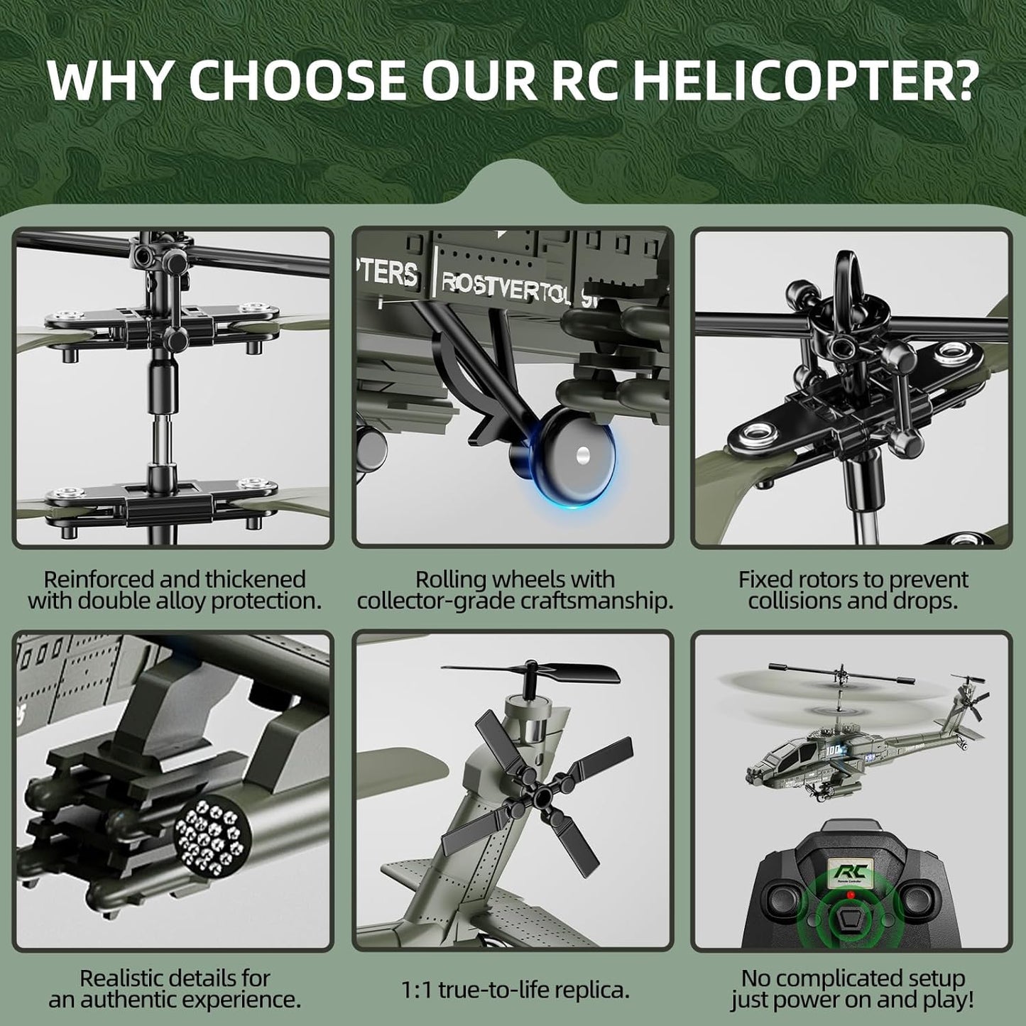 XK1 Apache RC Helicopter Toy for Adults & Kids, 2.4GHz Remote Control Helicopter (Green)