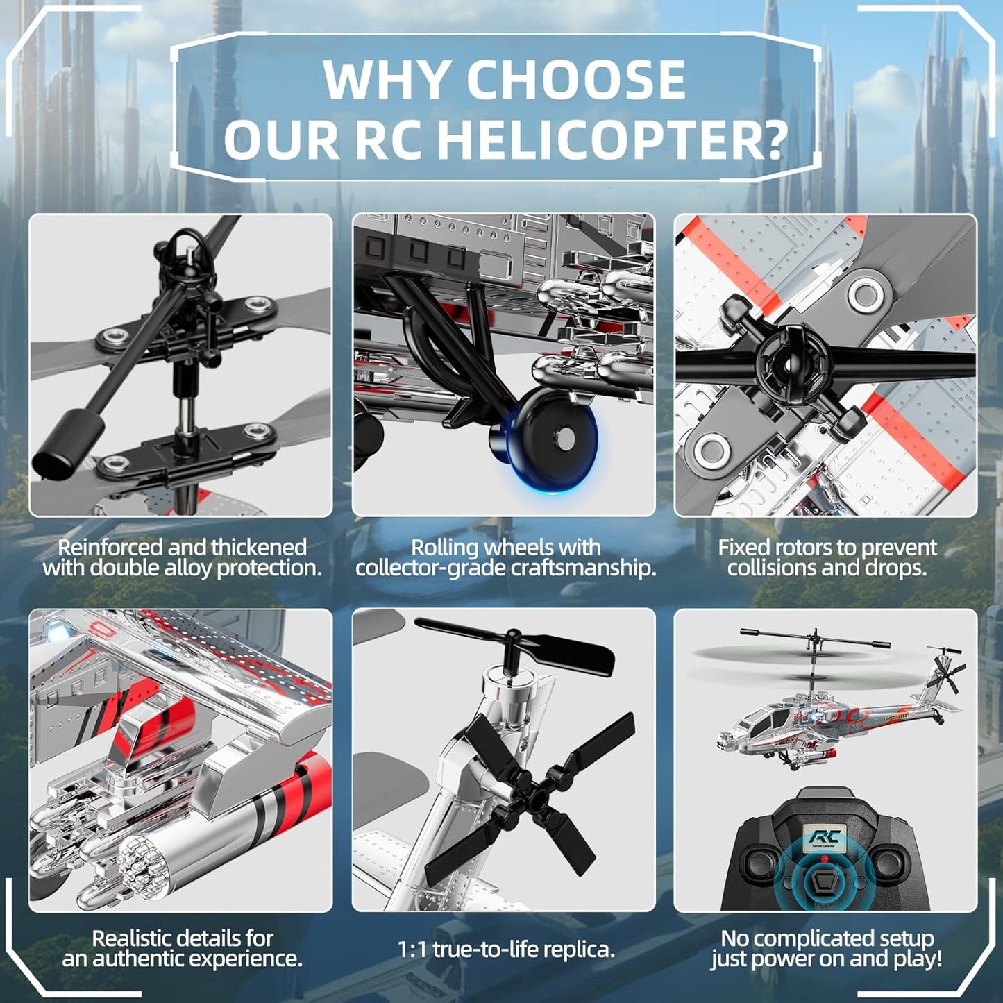 XK1 Apache RC Helicopter Toy for Adults & Kids, 2.4GHz Remote Control Helicopter (Silver)